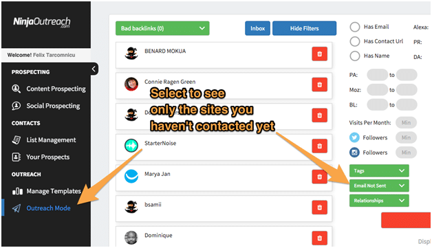Outreach Mode: Select to see only the sites you haven't contacted yet