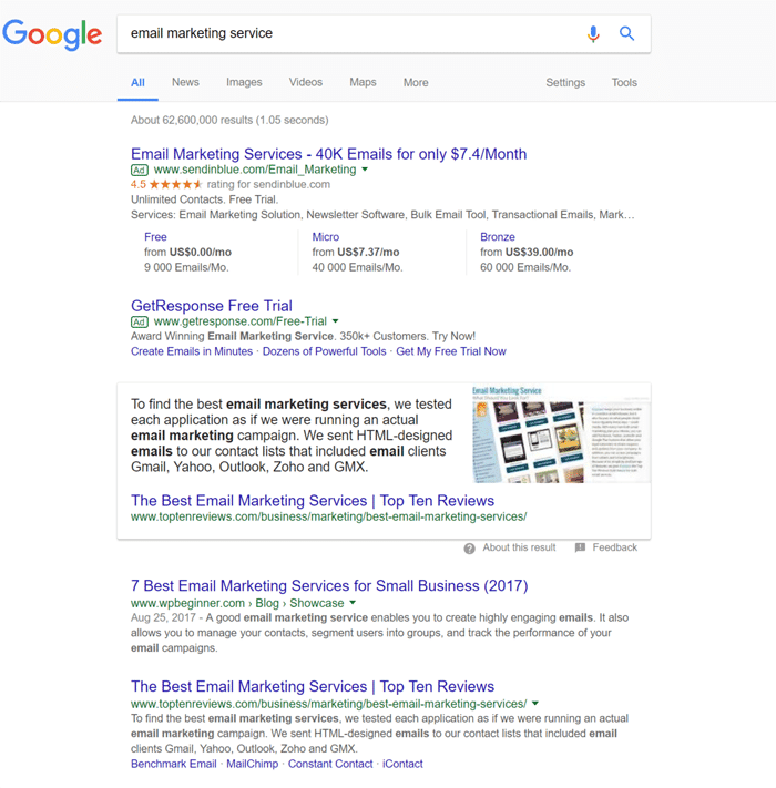 "Email marketing service" keyword search in Google search engine