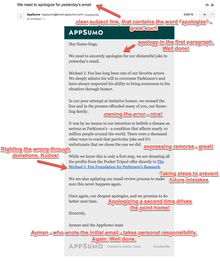 APPSUMO styled their apology email